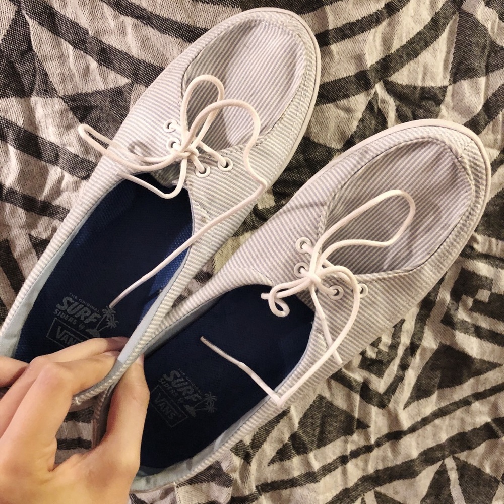 Blue and white striped Surf Sider Vans